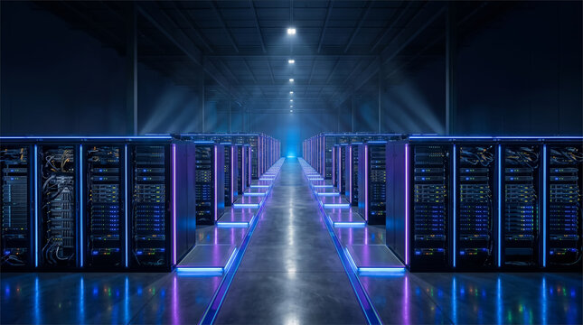 Large Scale Data Center Interior with Server Rows and Blue Purple LED Lighting