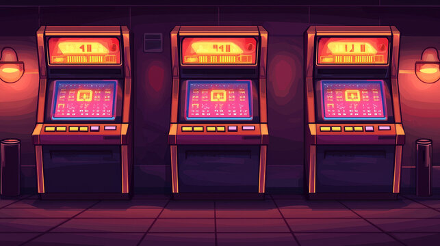 Retro arcade machine pixel screen glowing neon light vintage game interface nostalgic gaming digital display colorful buttons dark room entertainment fun