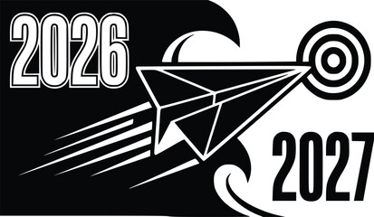 Vector graphic illustration of a speeding paper airplane hitting a target with years 2026 and 2027 in a futuristic design © Ajoy