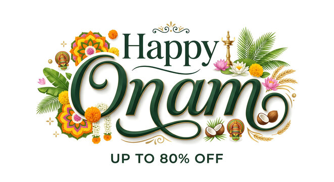 Happy onam indian festival typography logo banner poster discount concept on background.