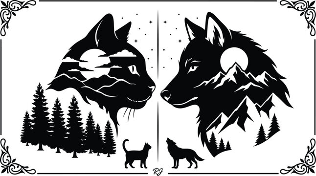 Wolf, dog, and cat silhouettes, mountain landscape vector, black and white illustration, animal icons
