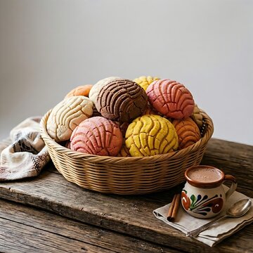 a basket overflowing with freshly baked Conchas, the traditional Mexican pan dulce, with their intricate, shell-like sugar tops in various colors. The basket is set on a rustic wooden	
