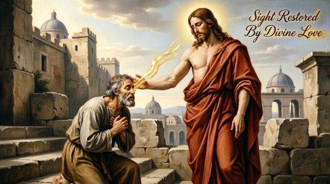 Christ heals blind man with merciful touch restoring sight and turning darkness into divine light.