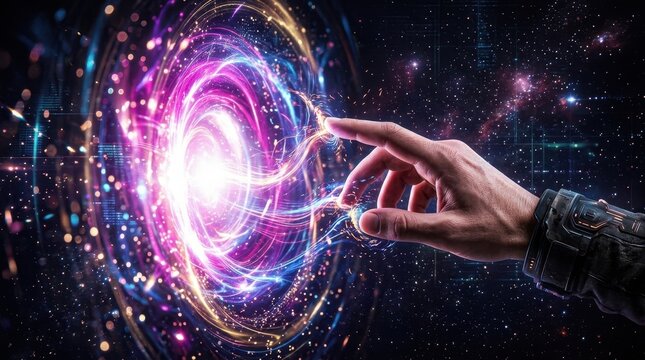 Futuristic hand touching a glowing portal of energy in space