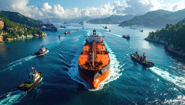 Massive Cargo Ship Navigates Through a Scenic Waterway with Escort Vessels.