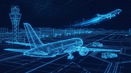Digital airplane taking off from airport runway at night with glowing wireframe graphics airplane aviation aircraft transportation technology wireframe abstract infrastructure © Tabinda