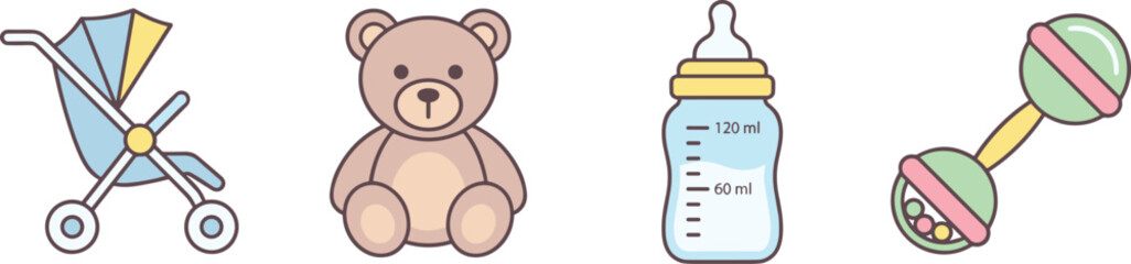 Fototapeta premium Cute Baby Care Icon Set with Stroller Teddy Bear Feeding Bottle and Rattle Symbols for Newborn Infographics Shower Invitations and Childhood Graphic Designs