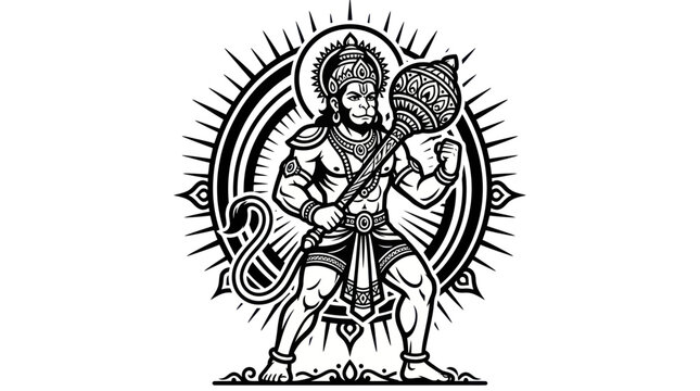 Hindu deity lord hanuman holding a mace in sunburst mandala