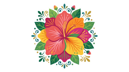 Hibiscus flower mandala with colorful petals and decorative leaves © Jarwo
