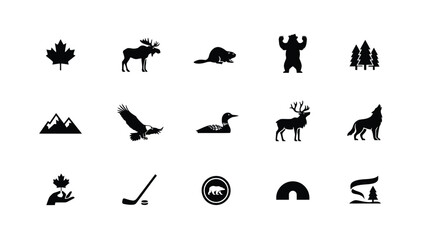 Obraz premium Canadian wildlife and nature symbols in black silhouette