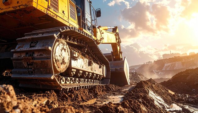 Heavy Excavator Machine Working in Open Pit Mine During Sunset.