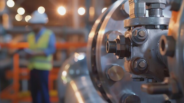 Industrial worker inspecting machinery details.