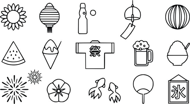 Vector graphic illustration of various Japanese summer festival icons and symbols including fireworks, food, and decorations in a simple black line art style