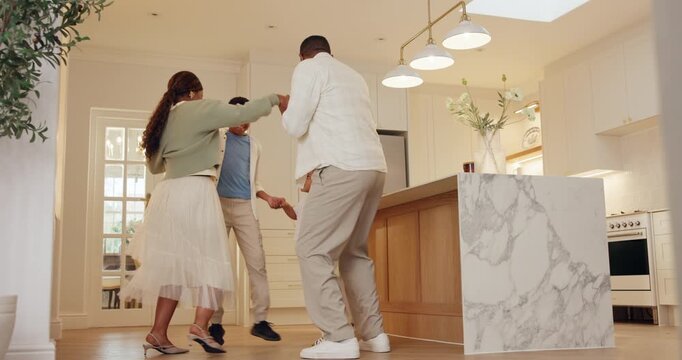 Support, parents and children with dance in home for bonding, relationship development and rhythm. Holding hands, happy black people or kids with movement in circle for family fun, connection or love