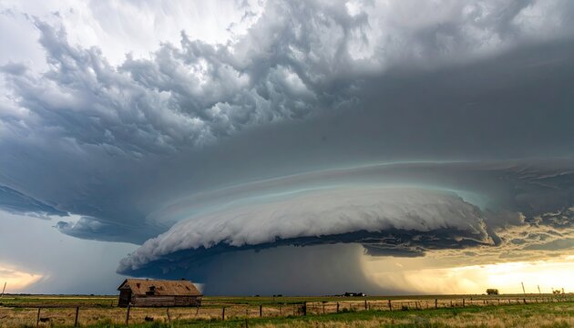 Dramatic Supercell Thunderstorm with Shelf Cloud Over Rural Landscape.