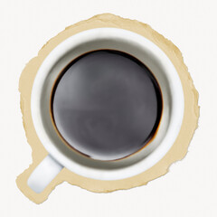 Black coffee ripped paper, hot beverage