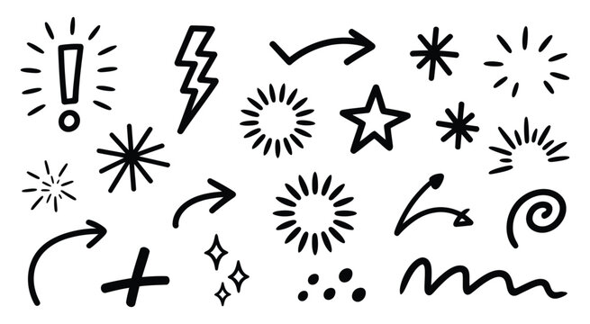 Crayon drawn attention symbols and doodle emphasis marks collection, hand drawn sparkle bursts, comic rays, sketch highlight signs, manga starburst shapes, vector illustration eps 10.