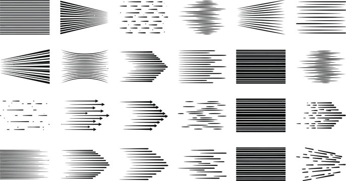 Speed lines in a grid arrangement showcase various horizontal, diagonal, and perspective-based motion effects for comic book and manga style backgrounds.