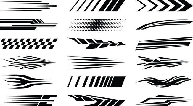 Racing decals and speed stripes create a sense of aerodynamic motion in this collection of bold graphic vector designs.