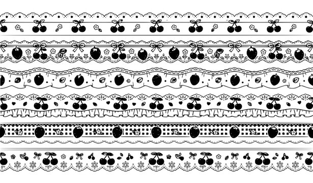 Decorative Lace Ribbons Set with Cherry and Strawberry Fruit Seamless Pattern Borders for Seamless Fabric Framing and Greeting Card Vector Designs