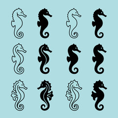 A pattern of black and white seahorse silhouettes on blue © Chan
