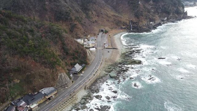Aerial drone view of Suzu coastline and coastal road, Noto Peninsula, Ishikawa, Japan