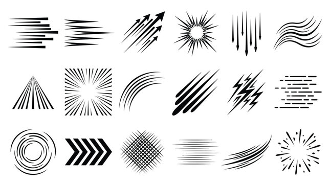 Graphic elements offer a diverse collection of symbols to depict speed and direction in illustrations.