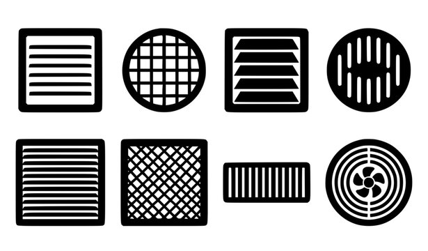 Ventilation Grille and Air Vent Cover Icon Set Vector Illustration with Square and Round HVAC Exhaust System Symbols for Architecture Diagrams