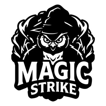 Fierce horned owl wizard apparel design vector, professional gaming logo emblem, aggressive witch bird character badge with bold text