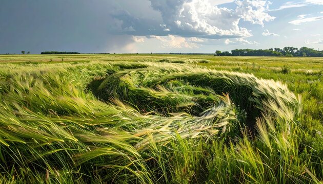 Crop Circle Formation in a Lush Green Field Under a Dramatic Stormy Sky.