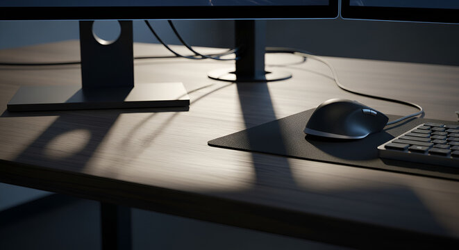 Modern workspace desktop with shadow view and computer equipment