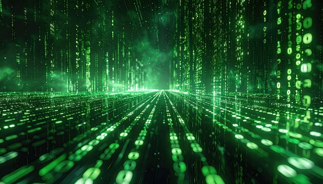 Abstract Digital Matrix Tunnel with Green Binary Code Flowing.