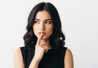 Naklejka premium Thinking woman, puzzled face, black sleeveless top, finger on chin, contemplative expression
