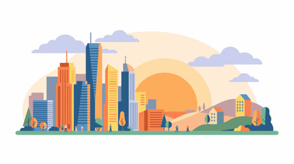 Obraz premium Colorful cityscape with buildings and trees at sunset (1)