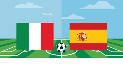 Italian and Spanish flags on a soccer field with a ball in the center. © Devynee Studio
