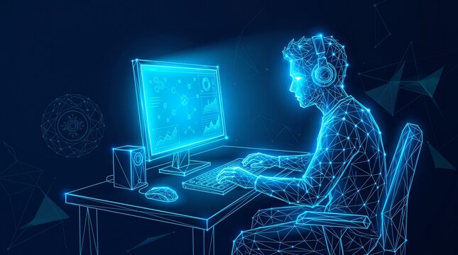 Gamer or programmer working on computer in digital blue holographic wireframe representation of a person with programmer computer technology hologram software developer wireframe