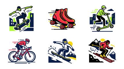 Extreme Sports and Activities Vector Icons Set - Skating, Scootering, Cycling, Snowboarding, Skiing © jonsen