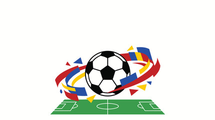 A classic black and white soccer ball is centered above a green soccer field, surrounded by dynamic, abstract colorful shapes and arrows. © Devynee Studio