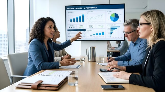 Business team in a meeting, analyzing financial performance charts on screen