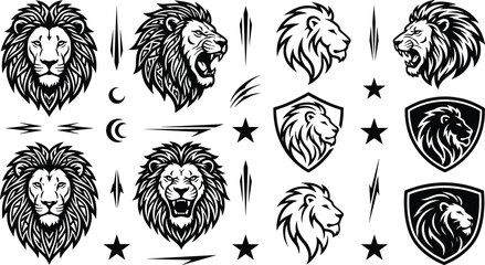 Lion Head Vector Icon Set Featuring Roaring Tribal Logos and Shield Badges for Tattoos, Mascots, Branding, and Graphic Design Elements © Sultana