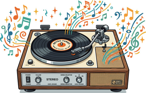 Retro turntable record player playing music notes vector illustrationRetro turntable record player playing music notes vector illustration