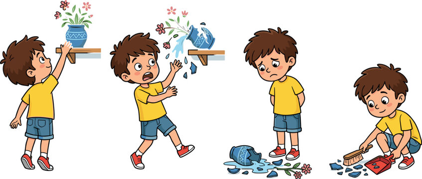 Sequential Comic Strip of Cute Boy Breaking Flower Vase from Shelf and Cleaning up Shards Vector Illustration for Educational Storyboard