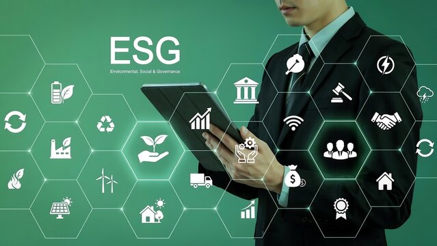Businessman analyzes ESG data on tablet with icons around him