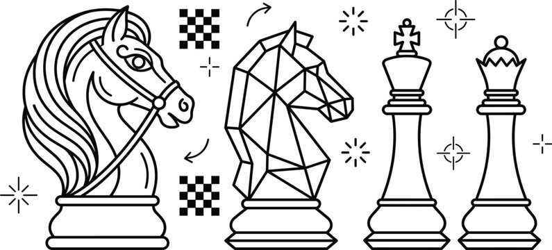 Chess Knight King and Queen Line Art Collection Banner with Low Poly Strategy Icons