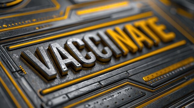 A metallic 3D rendering displays the word 'VACCINATE' on a complex, abstract background with golden and silver textures.