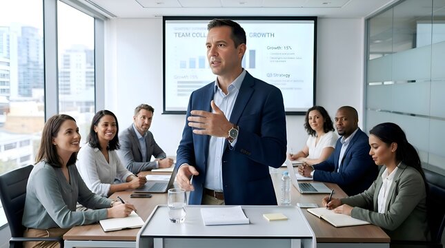 Businessman giving presentation to diverse team in boardroom meeting with projection screen