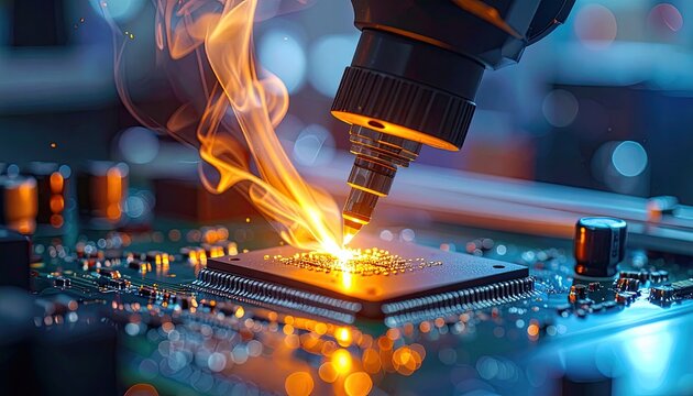 Close-up of a robotic arm soldering a computer chip on a circuit board with sparks flying.