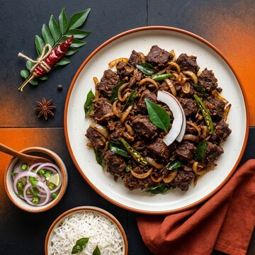 Kerala Beef Fry is a spicy Kerala dish made with beef slow-cooked in spices, curry leaves, onions, and coconut oil, then roasted until dark and dry