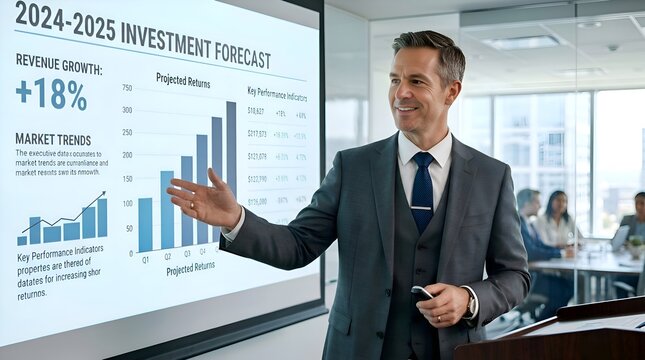 Businessman presenting investment forecast with growth charts and data on projection screen