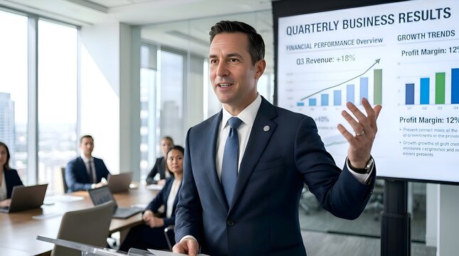Businessman Presenting Quarterly Business Results with Growth Charts in Boardroom